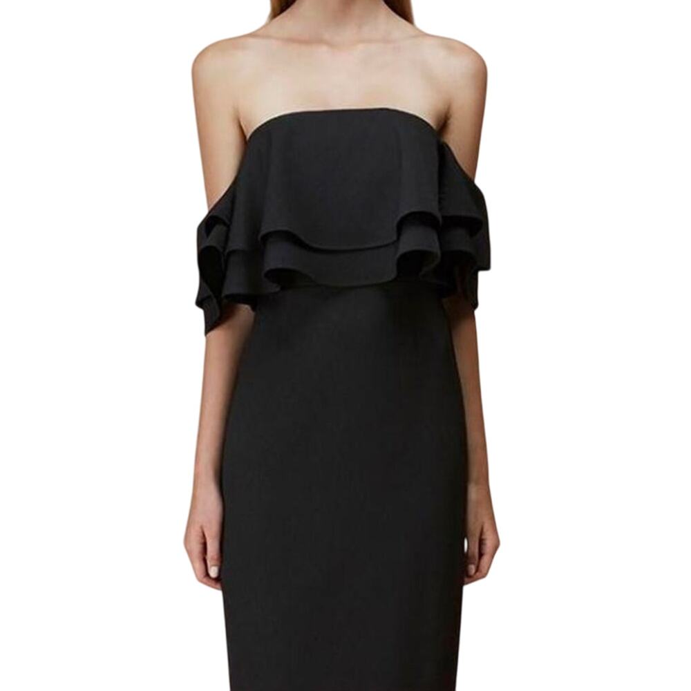 Keepsake Black Sleeveless Off Shoulder Ruffle Black Midi Cocktail Dress Medium